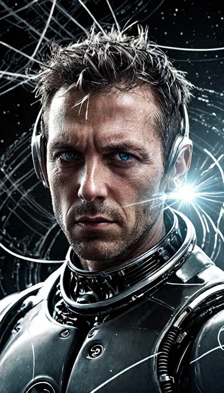 photograph, space, male , 40 years old, Wear a chaperone, Mechanical body parts, Interplanetary magnetic field background, Ultrafine, sf, Double exposure, Sony a7, Depth of writing area: 100mm, colorless, Styled by artgerm, Greg Rutkowski and Alfons Mutch, Close-up of face, male, Edgy, Nice, Evil Aura, the wind is strong, Glowing Eyes, Glaring,