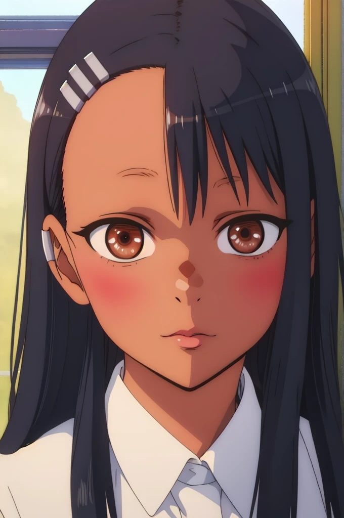 a masterpiece, best quality, 8k, highres, highly detailed, photorealistic, hyper detailed, looking at viewer, nagatoro hayase, detailed beautiful eyes, detailed beautiful lips, extremely detailed face, long eyelashes, brown eyes, hairpin, dark skin, black hair, hair ornament, ribbon, intricate details, vibrant colors, soft lighting