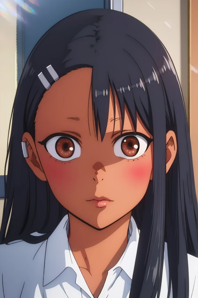 a masterpiece, best quality, 8k, highres, highly detailed, photorealistic, hyper detailed, looking at viewer, nagatoro hayase, detailed beautiful eyes, detailed beautiful lips, extremely detailed face, long eyelashes, brown eyes, hairpin, dark skin, black hair, hair ornament, ribbon, intricate details, vibrant colors, soft lighting