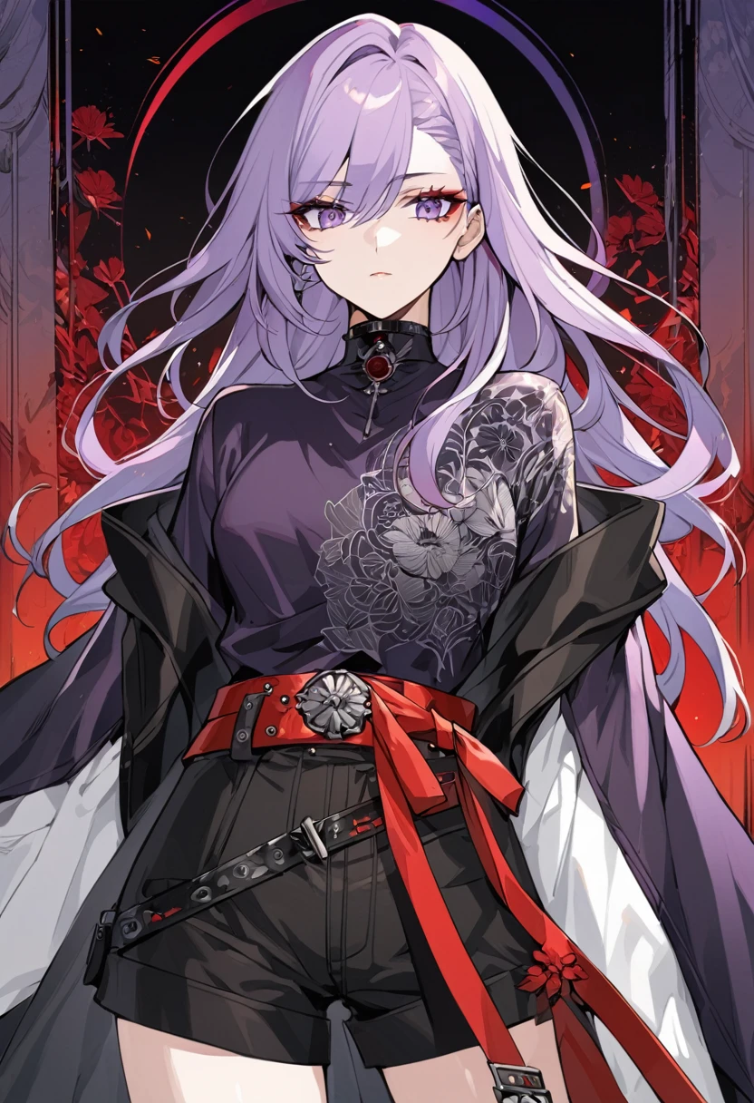 One a beautiful and calm woman, she has pale light purple hair mixed with dark purple hair at the ends of her hair, she wears black shorts and she wears a dark purple top with a red belt accessory with a death flower pattern. Manhwa style.