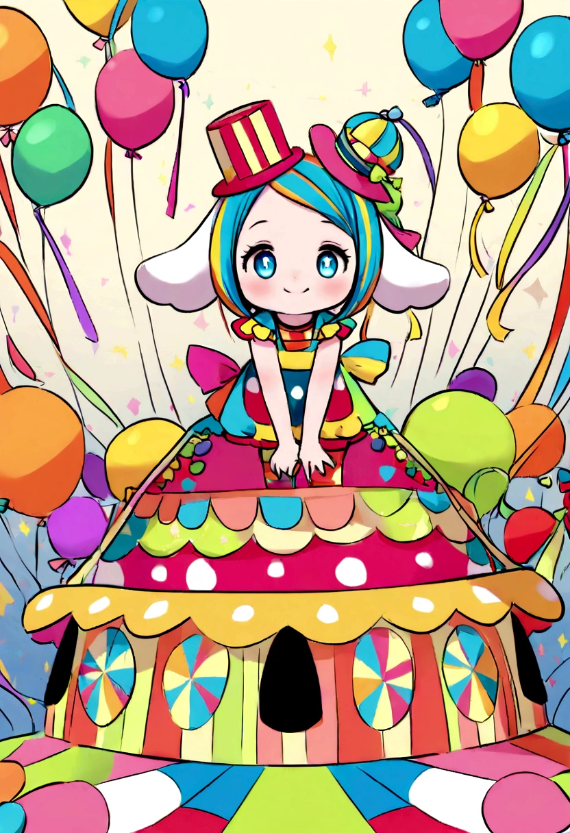 Create a digital illustration of a cute, whimsical character inspired by Pomny from Digital Circus. The character should have a round, cheerful face with big, expressive eyes and a friendly smile. They should have colorful, playful clothing with patterns like stripes and polka dots. The character should also have distinctive features like large, floppy ears and a small hat perched on their head. The background should be vibrant and carnival-like, with festive elements such as balloons, streamers, and a merry-go-round. The overall style should be bright and cheerful, with a focus on creating a fun, lively atmosphere.
