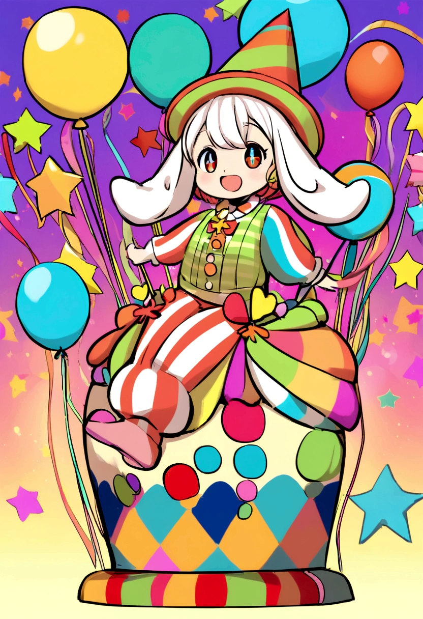 Create a digital illustration of a cute, whimsical character inspired by Pomny from Digital Circus. The character should have a round, cheerful face with big, expressive eyes and a friendly smile. They should have colorful, playful clothing with patterns like stripes and polka dots. The character should also have distinctive features like large, floppy ears and a small hat perched on their head. The background should be vibrant and carnival-like, with festive elements such as balloons, streamers, and a merry-go-round. The overall style should be bright and cheerful, with a focus on creating a fun, lively atmosphere.