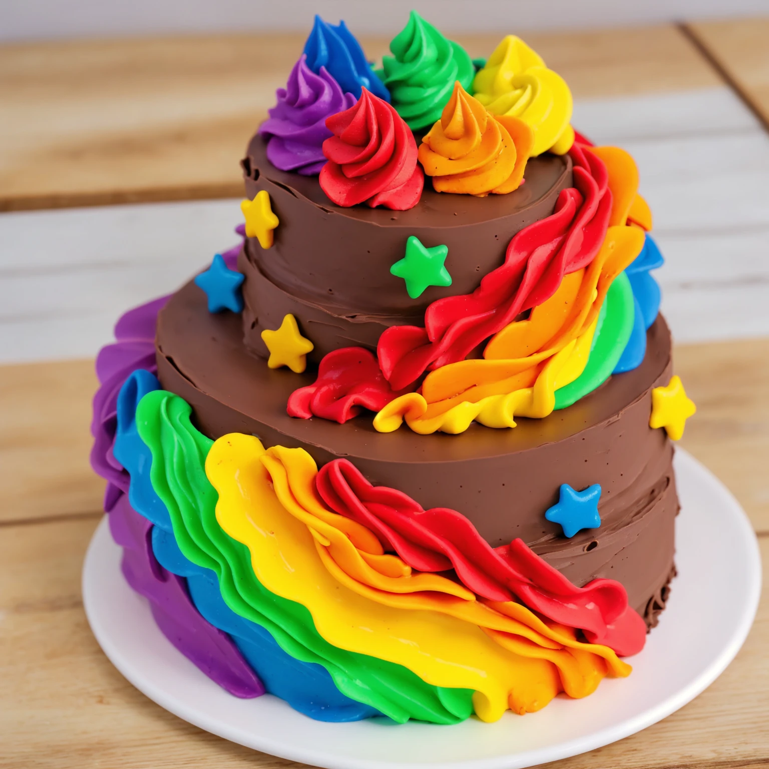 on a wooden table. there is a white plate. double tier chocolate cake ((chocolate cream texture, strokes of a pastry spatula)), rainbow cream in stitches, decorated with rainbow stars made of polymer clay, multi-colored cream on top ((cream highlights)), against the background of the kitchen, Beautiful light from the window, contour light, Multiple light sources, beautiful lighting, Bright light source, bright lighting, beautiful light sources, Multiple light sources, Realistic style , realistic texture, detailed texture, A high resolution, high quality, macro photography
