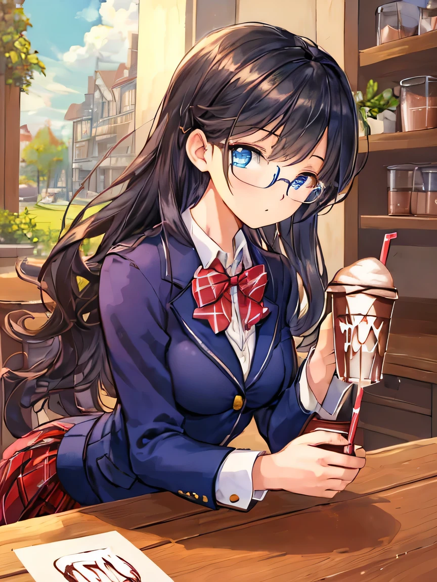 ((Masterpiece)), ((top quality)), very detailed, animated style illustration, kitchen, 1girl, cute girl, solo, upper body, face focus, blazer uniform, skirts, (beautiful eyes), beautiful black hair, long hair, slim, slender, glasses, medium breast, (holding a cup of Iced Cocoa drink:1.4), looking at viewer, profile.
