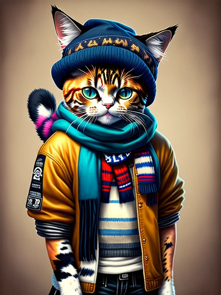 a painting of a cat wearing a hat and scarf, trending in the art station, dressed in punk clothes, detailed hyper realistic rendering, british gang member, street style, intimidating pose, planet of the cats, clothes with fashion, urban samurai, meow, west slavic features, 8 1 5