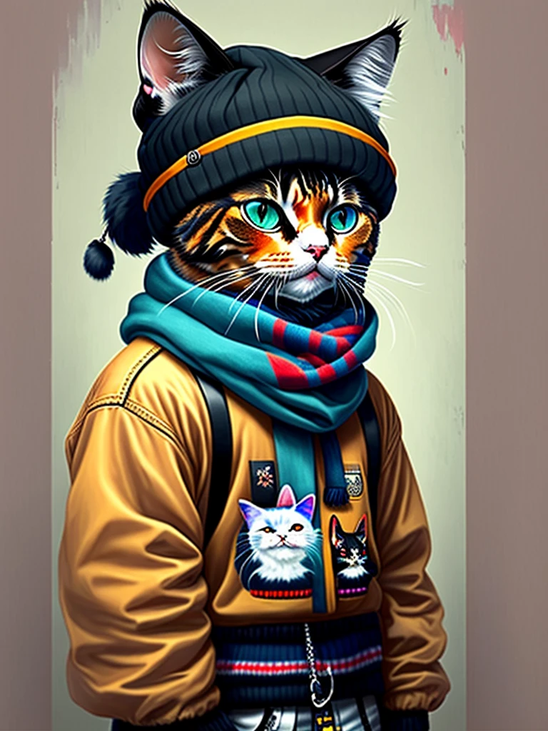 a painting of a cat wearing a hat and scarf, trending in the art station, dressed in punk clothes, detailed hyper realistic rendering, british gang member, street style, intimidating pose, planet of the cats, clothes with fashion, urban samurai, meow, west slavic features, 8 1 5