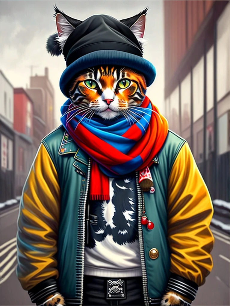 a painting of a cat wearing a hat and scarf, trending in the art station, dressed in punk clothes, detailed hyper realistic rendering, british gang member, street style, intimidating pose, planet of the cats, clothes with fashion, urban samurai, meow, west slavic features, 8 1 5