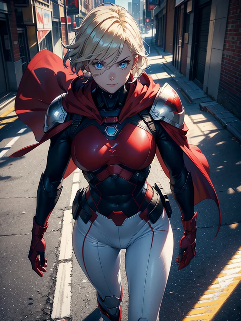 16K, HDR,UHD, RTX, ray tracing, chiaroscuro, best quality, masterpiece, ethereal, perfect illustration, digital artwork, trending on artstation, jaw-dropping perfection, ultra realistic, textured amazing lighting effects, perfect shadows, WLOP, 1girl, beautiful mature edgy woman in a cool long jacket and black pants, superhero suit, stomach covered by clothing, short hair, very short hair, wavy hair, white-blonde hair, blonde hair, highly detailed glowing blue eyes, glowing eyes, blue eyes, beautiful glowy blue eyes, detailed eyes, beautiful face, perfect anatomy, broad shoulders, strong upper-body, modern city, city, beautiful weather, stunning sunshine, sunny, daylight, sunlight, sunlight from above, red cape, daytime, superhero, uplifting, heroic, heroic pose, athletic, hands near hips, glowy eyes, daytime, white and red superhero suit, metallic suit, red lines on suit, metal shoulder-pads, summertime, radiant sunlight, beautiful cityscape, hair blowing in wind, manly shoulders, manly shoulders, very tall, cape, red cape, red hands, long red gloves, red gloves, armoured forearm, armoured shoulder-pads, chrome shoulder-pads, chrome forearm armor, red gloves, big smile, chrome torso