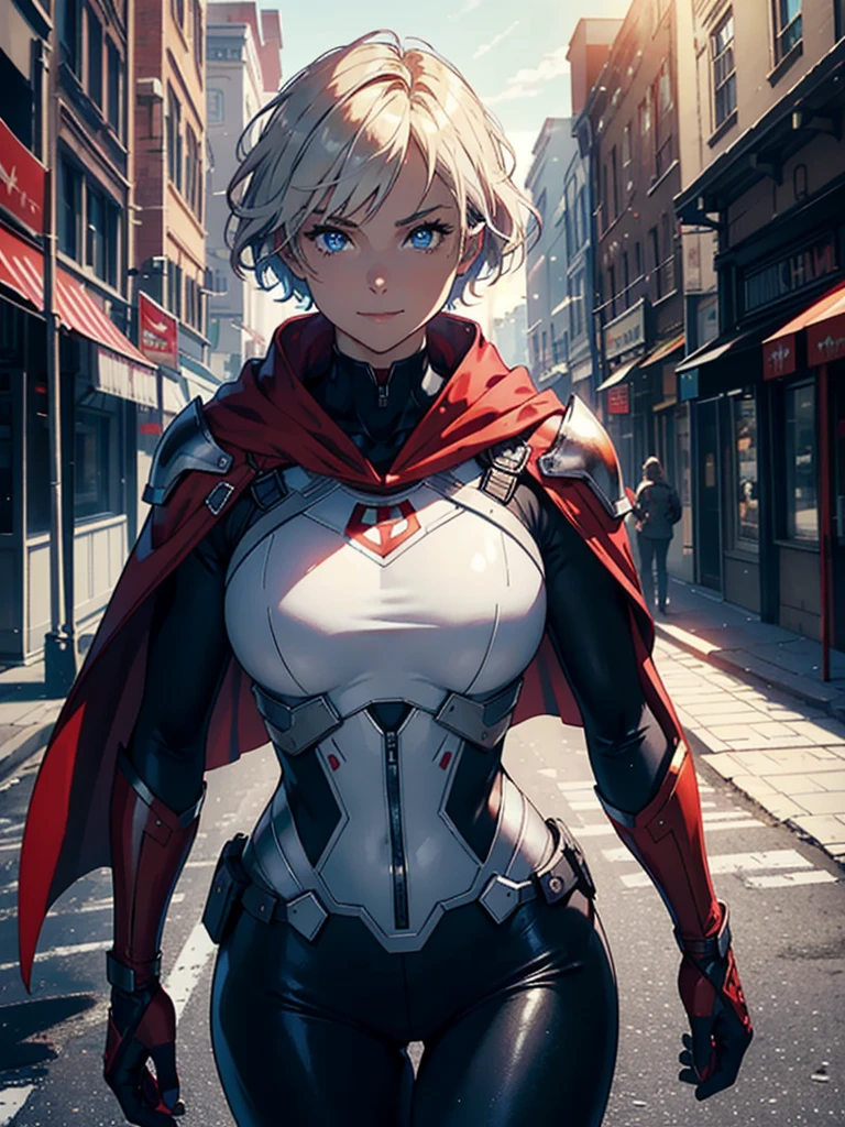 16K, HDR,UHD, RTX, ray tracing, chiaroscuro, best quality, masterpiece, ethereal, perfect illustration, digital artwork, trending on artstation, jaw-dropping perfection, ultra realistic, textured amazing lighting effects, perfect shadows, WLOP, 1girl, beautiful mature edgy woman in a cool long jacket and black pants, superhero suit, stomach covered by clothing, short hair, very short hair, wavy hair, white-blonde hair, blonde hair, highly detailed glowing blue eyes, glowing eyes, blue eyes, beautiful glowy blue eyes, detailed eyes, beautiful face, perfect anatomy, broad shoulders, strong upper-body, modern city, city, beautiful weather, stunning sunshine, sunny, daylight, sunlight, sunlight from above, red cape, daytime, superhero, uplifting, heroic, heroic pose, athletic, hands near hips, glowy eyes, daytime, white and red superhero suit, metallic suit, red lines on suit, metal shoulder-pads, summertime, radiant sunlight, beautiful cityscape, hair blowing in wind, manly shoulders, manly shoulders, very tall, cape, red cape, red hands, long red gloves, red gloves, armoured forearm, armoured shoulder-pads, chrome shoulder-pads, chrome forearm armor, red gloves, big smile, chrome torso