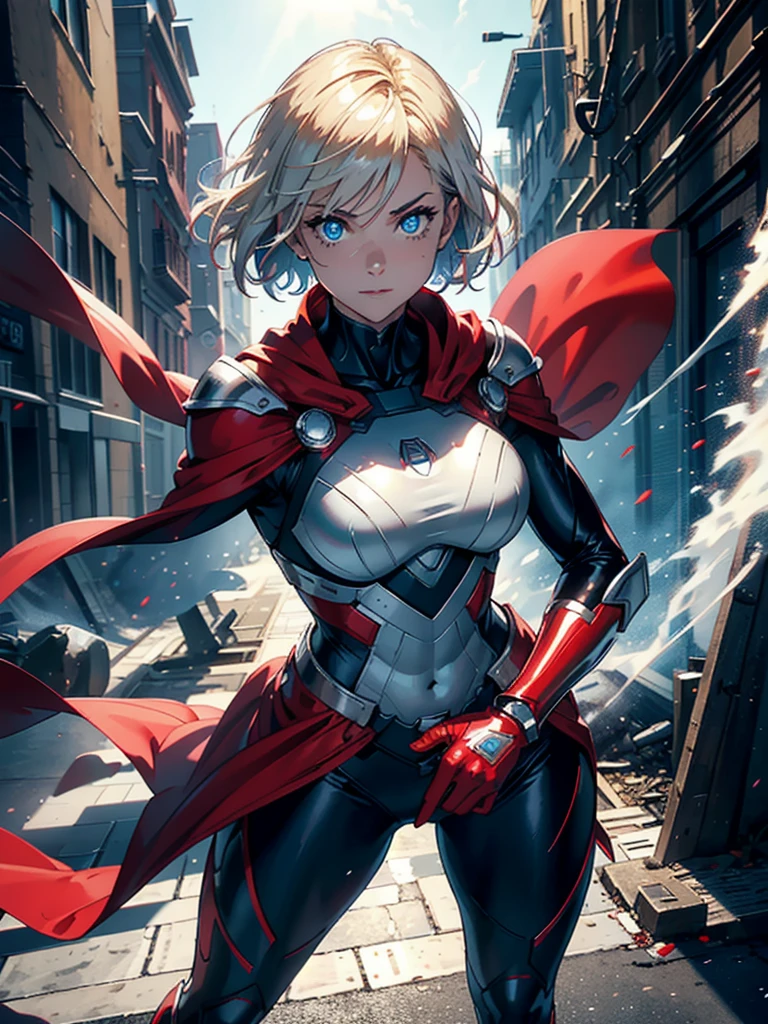 16K, HDR,UHD, RTX, ray tracing, chiaroscuro, best quality, masterpiece, ethereal, perfect illustration, digital artwork, trending on artstation, jaw-dropping perfection, ultra realistic, textured amazing lighting effects, perfect shadows, WLOP, 1girl, beautiful mature edgy woman in a cool long jacket and black pants, superhero suit, stomach covered by clothing, short hair, very short hair, wavy hair, white-blonde hair, blonde hair, highly detailed glowing blue eyes, glowing eyes, blue eyes, beautiful glowy blue eyes, detailed eyes, beautiful face, perfect anatomy, broad shoulders, strong upper-body, modern city, city, beautiful weather, stunning sunshine, sunny, daylight, sunlight, sunlight from above, red cape, daytime, superhero, uplifting, heroic, heroic pose, athletic, hands near hips, glowy eyes, daytime, white and red superhero suit, metallic suit, red lines on suit, metal shoulder-pads, summertime, radiant sunlight, beautiful cityscape, hair blowing in wind, manly shoulders, manly shoulders, very tall, cape, red cape, red hands, long red gloves, red gloves, armoured forearm, armoured shoulder-pads, chrome shoulder-pads, chrome forearm armor, red gloves, big smile, chrome torso