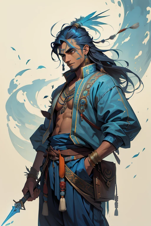 Indian man, short blue jacket open, indigenous, feathers on his head, long hair, painted face, baggy pants, holding daggers