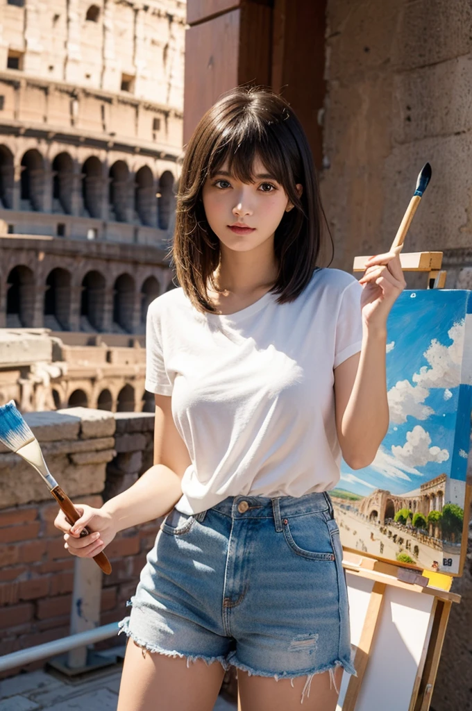 Bangs，Middle，woman，20 years old，holding a paintbrush，Colosseum，painting