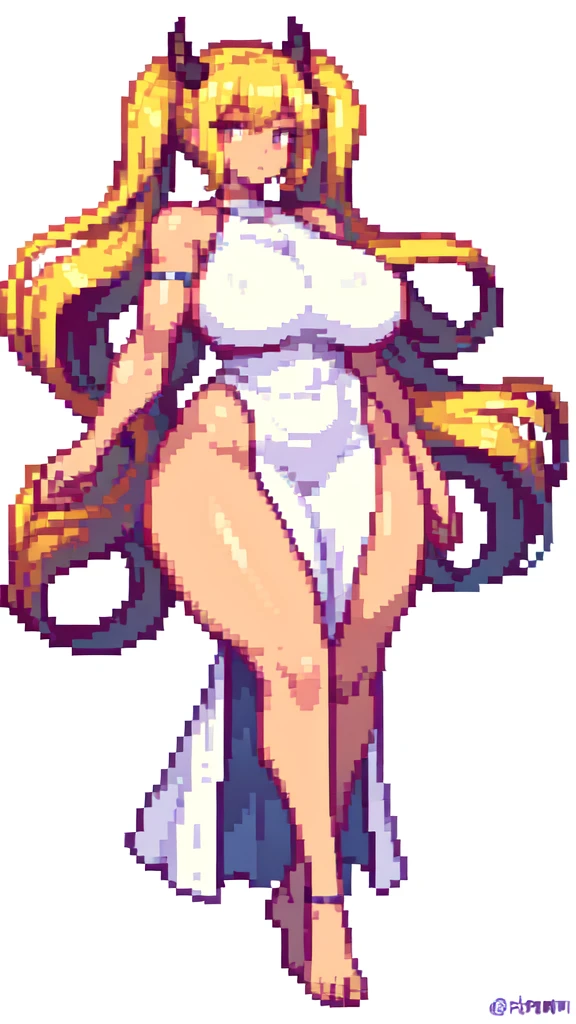 tall woman,big woman,very muscle,{{long legs}},devil,barefoot,{{muscular}},{{gigantic breasts}} ,{{curvy}} , ,masterpiece , best quality , pixel art , 1 girl ,{full body},voluptuous,brown skin,twintails,blonde hair ,white dress,white background