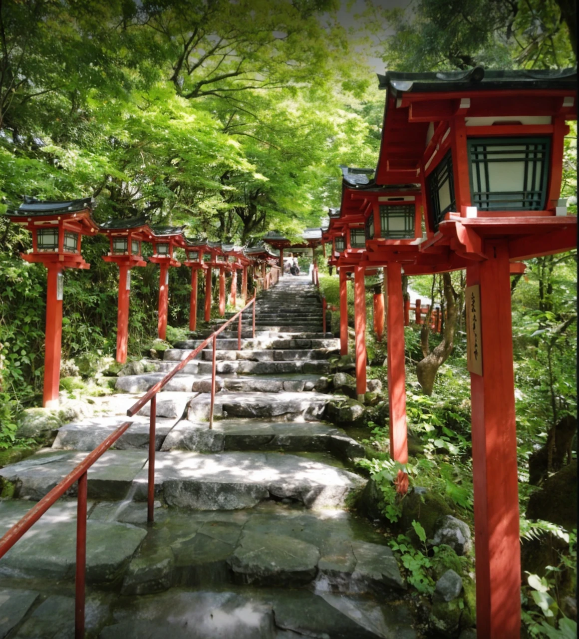 Create an image that captures the serene beauty of Kifune Shrine in Kyoto, Japan. Include the lush greenery surrounding the shrine, the traditional architecture of the buildings, and the tranquil atmosphere of the sacred grounds."