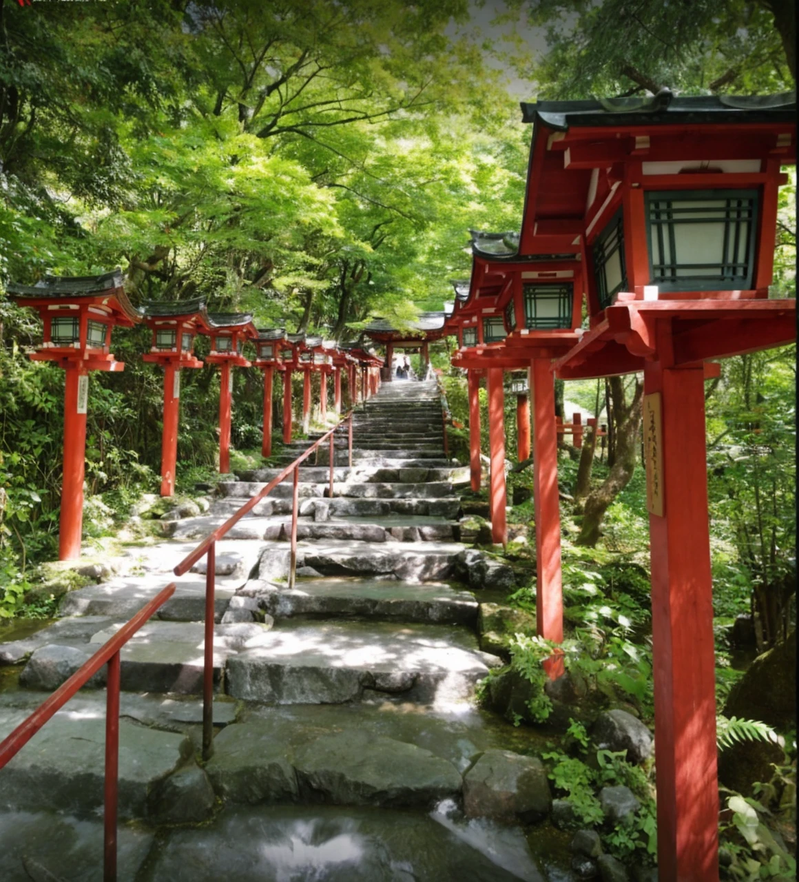 Create an image that captures the serene beauty of Kifune Shrine in Kyoto, Japan. Include the lush greenery surrounding the shrine, the traditional architecture of the buildings, and the tranquil atmosphere of the sacred grounds."