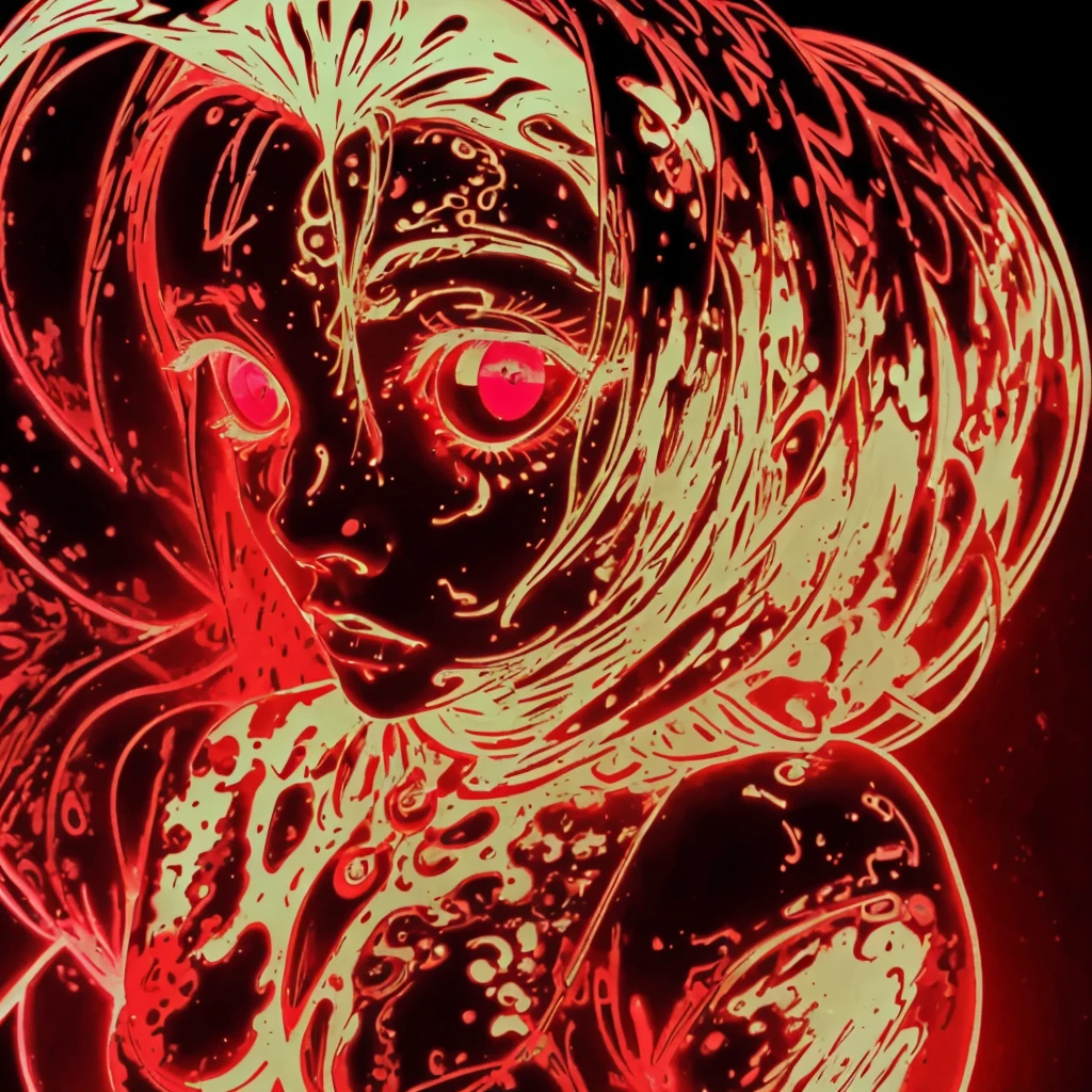 steam punk wet watercolor girl cyborg albino red burning eyes in full growth repairs herself decorations,background another planet colored ink, scatter plots, grotesque, Conceptualism, close-up, аrt ornaments, dark botanicalhorror, epic, microdetail x-ray neon