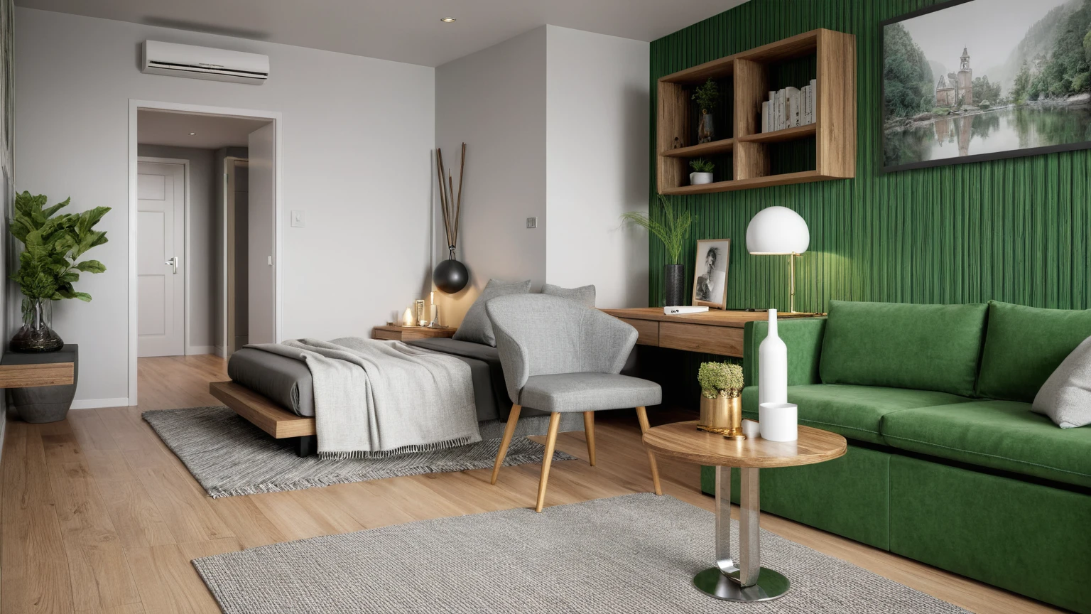 Raw photo,Masterpiece, high quality,Gray and white tones, combined with green, robin hood wall deco, wall deco decorations
, best quality, authentic, super detail, interior, indoors, bedroom style modern , (daylight:1.1), vivid colour, (realistic:1.2),