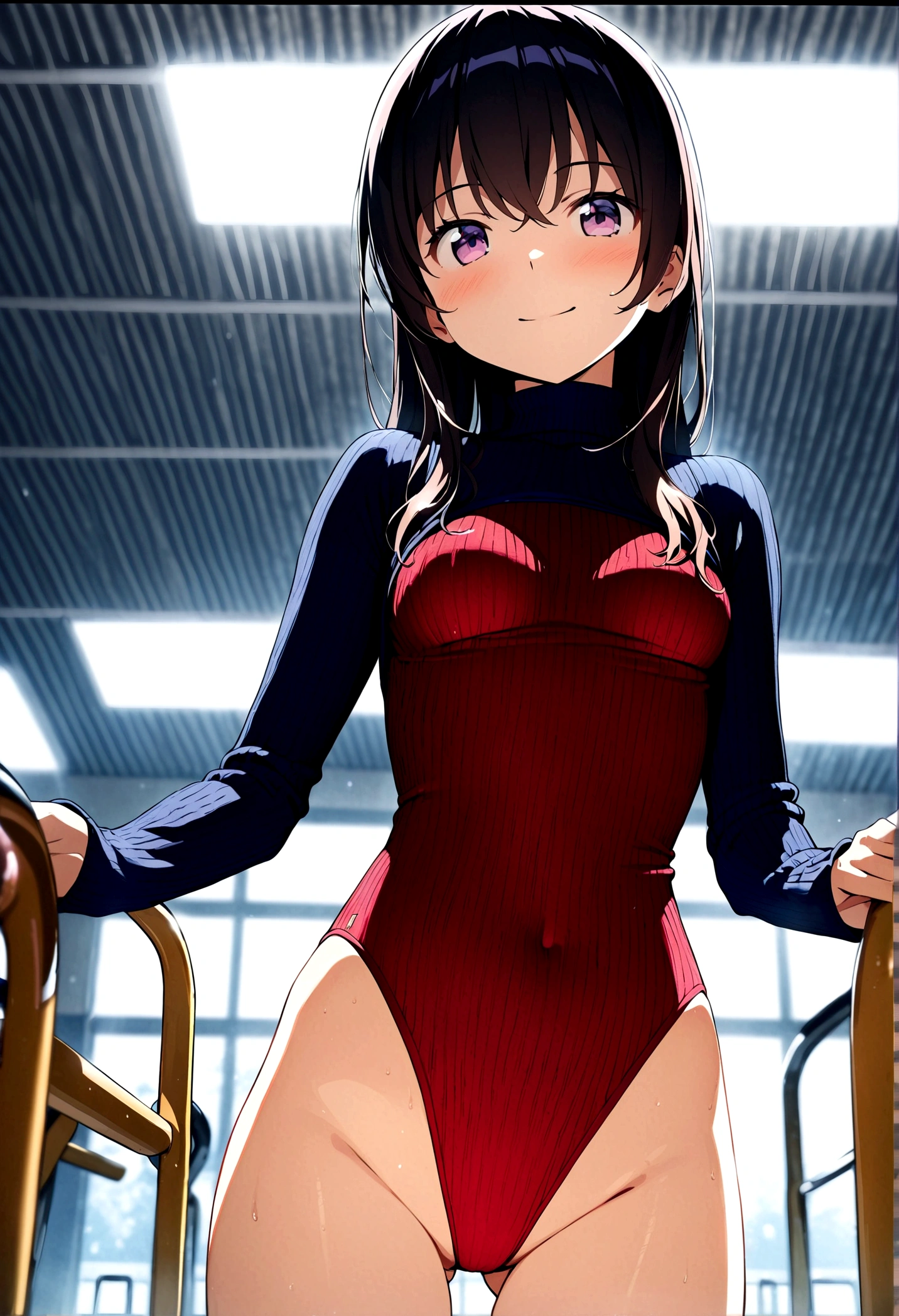 highquality illustration, masterpiece, very delicate and beautiful, attractive girl,(colorful leotard, heattech leotard,tight leotard,long_sleeve leotard,ribbed leotard,high_leg leotard,turtleneck leotard),gymnastics club,gymnastics athlete,bare legs,gymnasium background,beautiful eyes, light smile,(masterpiece, best quality:1.2), highres, extremely detailed CG unity 8k wallpaper, perfect lighting, Colourful, ultra-high res,4K,ultra-detailed, photography, 8K, HDR, 