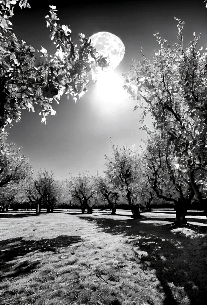 An orchard full of fruits,apple,Grape,peach,Pomegranate,Black and white style,Bright sunlight shines through the screen,Idyllic atmosphere，Nostalgia，Artistic masterpiece，The moon is big