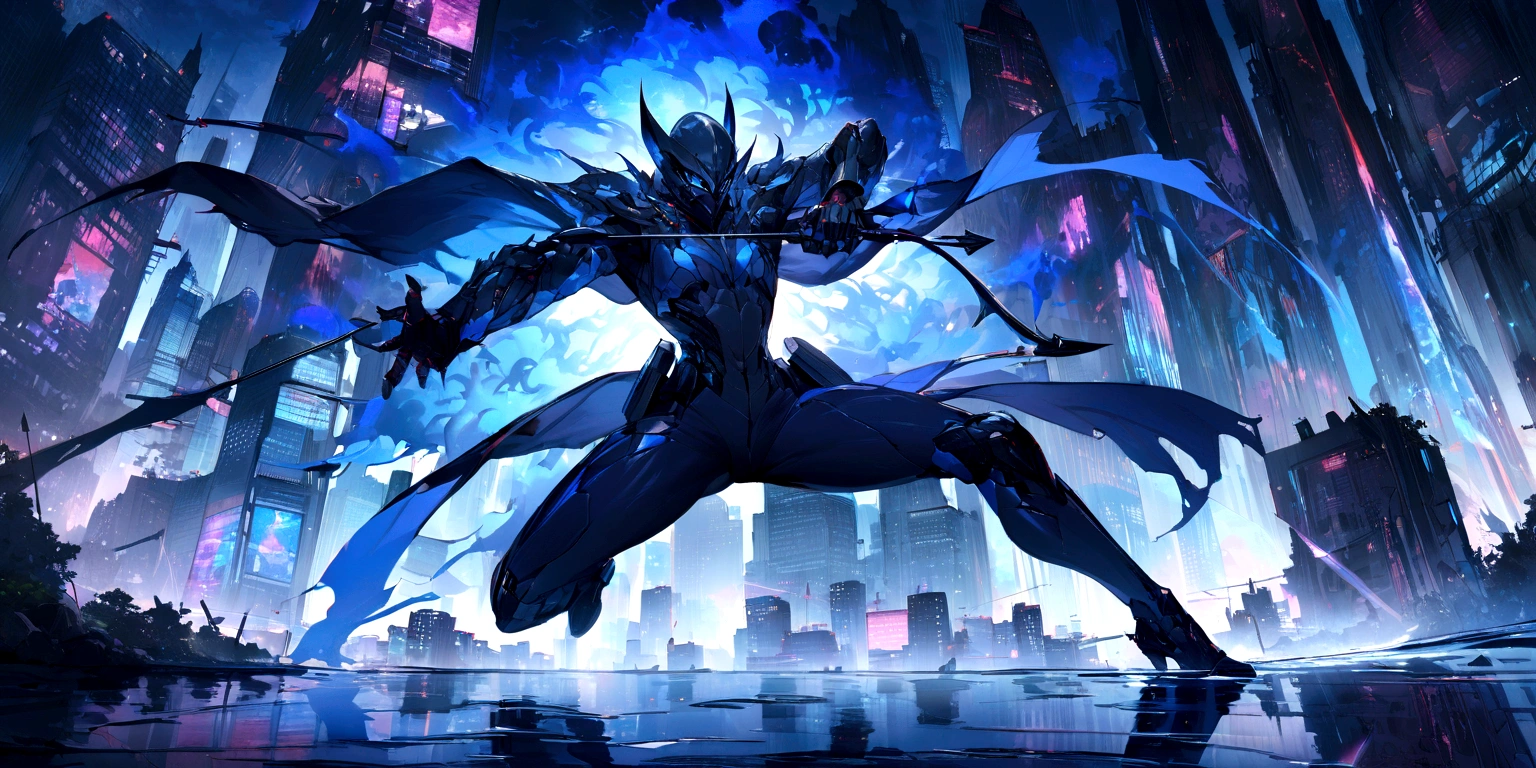 ((masterpiece, Highest quality, Best image quality, High resolution、８ｋ)) Readying a bow and arrow巨大な仮面の狩人の悪魔、豪快に青い光のReadying a bow and arrow、Readying a bow and arrow、The whole body is covered in a blue aura.、Glowing blue eyes and advanced cybernetic enhancements. Giant masked demon seen in dynamic action pose, reflection on a smooth surface. The cityscape below is filled with towering skyscrapers., illuminated by colorful holographic advertisements, Shining with blue energy, Mighty power. The overall atmosphere is dark and mysterious., It had a futuristic techno vibe.. The lighting is dramatic, Intense highlights and deep shadows, Creates depth and tension. Color Palette