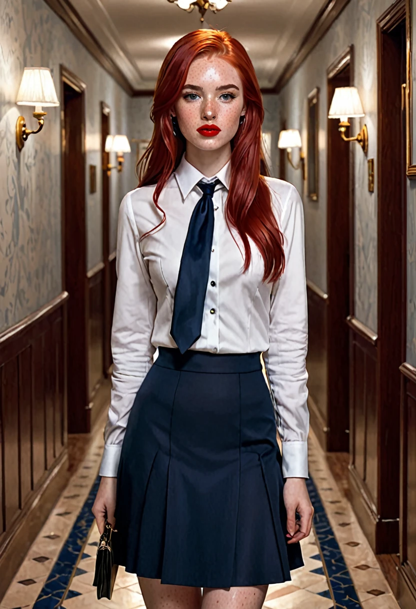 A red-haired girl with straight hair type and has a lock of white hair, He is arrogant but has a tender air and his age is around 22 years old., Her eyes are blue and she has freckles on her face but more so on her nose., She is dressed in her  which consists of a navy blue skirt., a navy blue jacket, White shirt, black tie , her lips are painted a reddish color, and is in the hallways of a house Digital image of book character. Digital realism