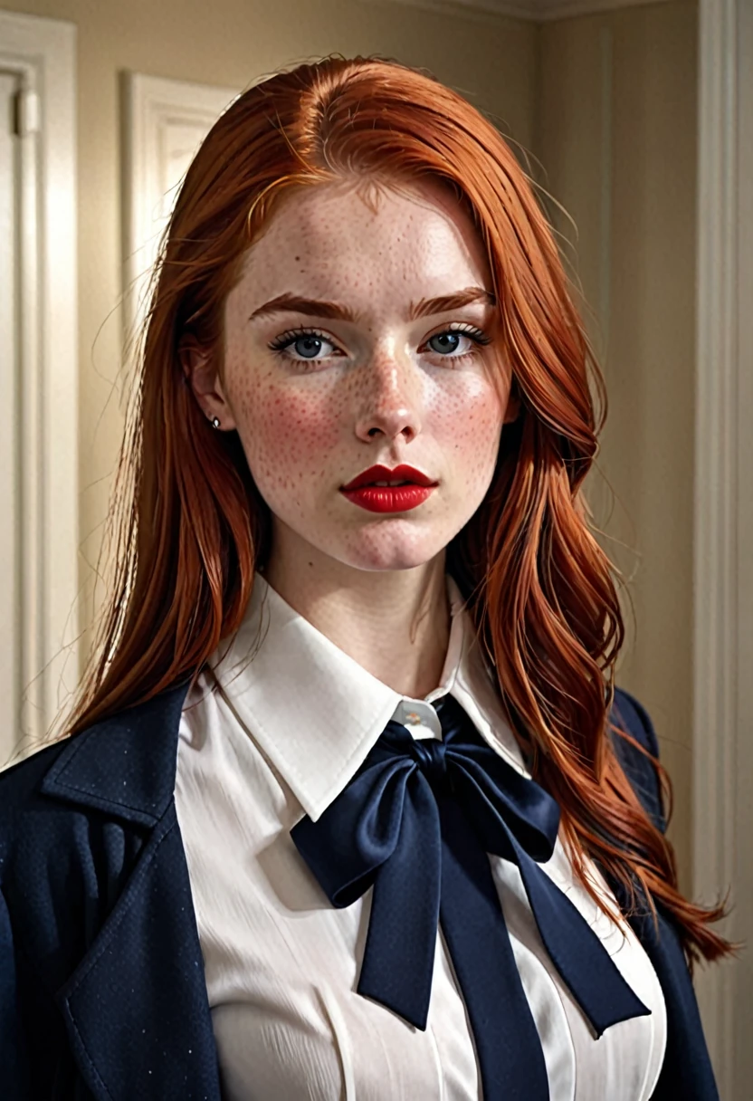 A red-haired girl with straight hair type and has a lock of white hair, He is arrogant but has a tender air and his age is around 22 years old., Her eyes are blue and she has freckles on her face but more so on her nose., She is dressed in her which consists of a navy blue skirt., a navy blue jacket, White shirt, black tie , her lips are painted a reddish color, and is in the hallways of a house Digital image of book character. Digital realism