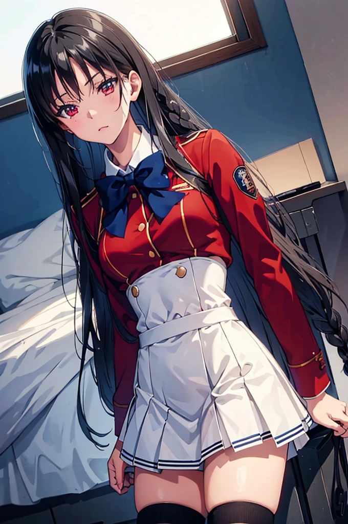 masterpiece, best quality, high resolution, best illustration, super fine illustration, (official art:0.8), anime screencap, detailed beautiful face and eyes, anime keyvisual, (perfect anatomy:1.5), 8k portrait, 
1girl,
Suzune Horikita, 
Suzune Horikita \(youjitsu\),
long hair, braid, 
black hair, 
(red eyes:1.2), slant eyes, small eyes, 
blue bow, 
medium breasts, 
(uniform, red jacket, white skirt, pleated skirt, black thigh-high socks),
looking at viewer, 
cowboy shot, 
perfect light, background of indoor, lie on the bed, nsfw