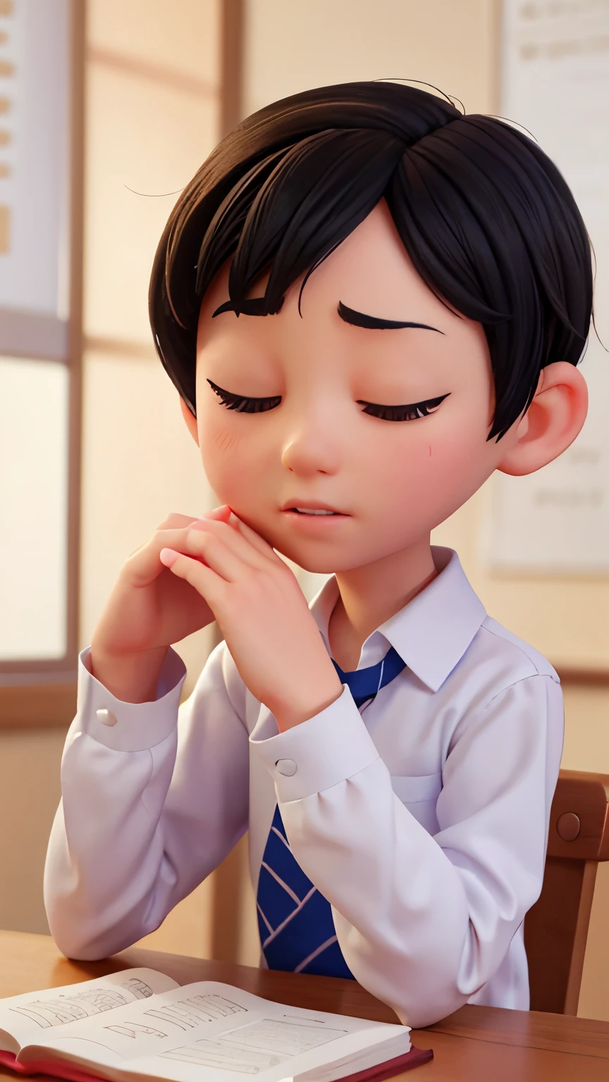 A 7 year old boy(black hair,big eyes)Sit at a desk in the classroom(There are open books on the desk),Lower your head,Clasp your hands together,put it on the table,Eyes closed,The lips move slightly,It's like praying。In the background, you can vaguely see the teacher at the podium。realistic animation,Delicate emotions,Pixar style,Detailed and realistic,9:16 Vertical Image。