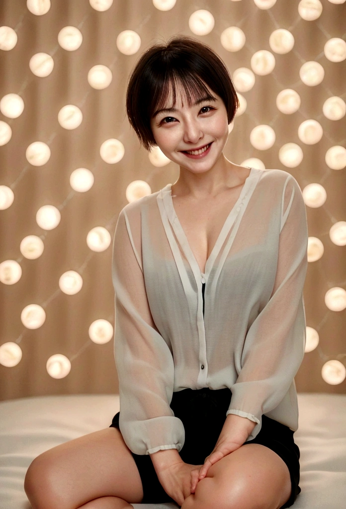 (8K, RAW Photos, Highest quality, masterpiece:1.2), (Realistic, photo-Realistic:1.37), Super detailed, 40 years old,1 female,round face,cute, alone,Talking,night,Sitting,Date,(smile:1.1),(Reduce skin exposure),Short Hair
