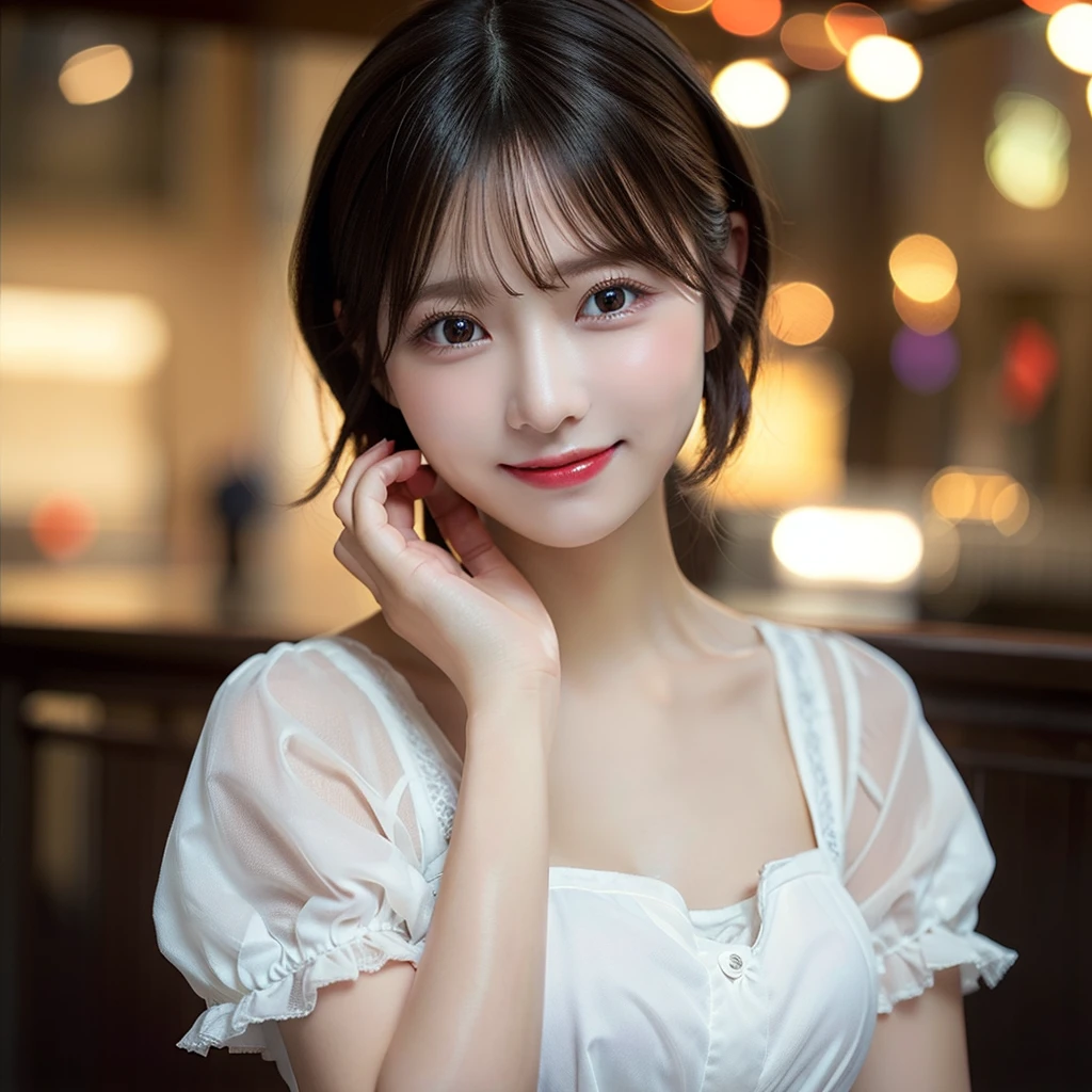 top-quality、8K Masterpiece、超A high resolution、(Photorealsitic:1.3)、Raw photo、女の子1人、Short bob hair、glowy skin、maid clothes、((super realistic details))、portlate、globalillumination、octan render、in 8K、ultrasharp、Beautiful breasts、highly intricate detail、Realistic light、CGSoation Trends、beautidful eyes、radiant eyes、Facing the camera、Spiteful smile