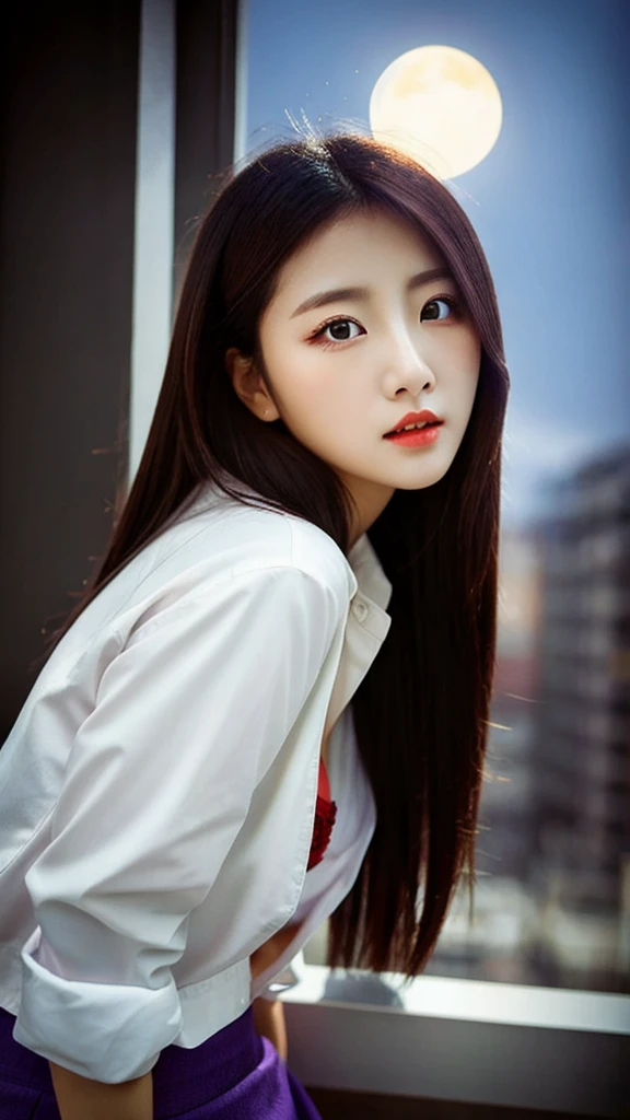 1girl, beautiful face, ((white eyes)), sexy pose, Red moon in the background, stars, space, (lightroom:1.13), soft light, (natural skin texture:1.2), (Hyperrealism:1.2), sharp focus, focused,[[realistic]]Front open shirt、Jacket、G-cup bust、Reddish-purple hair、Purple bra、Pencil Skirt、Glamorous figure、Big Ass、Side view、
