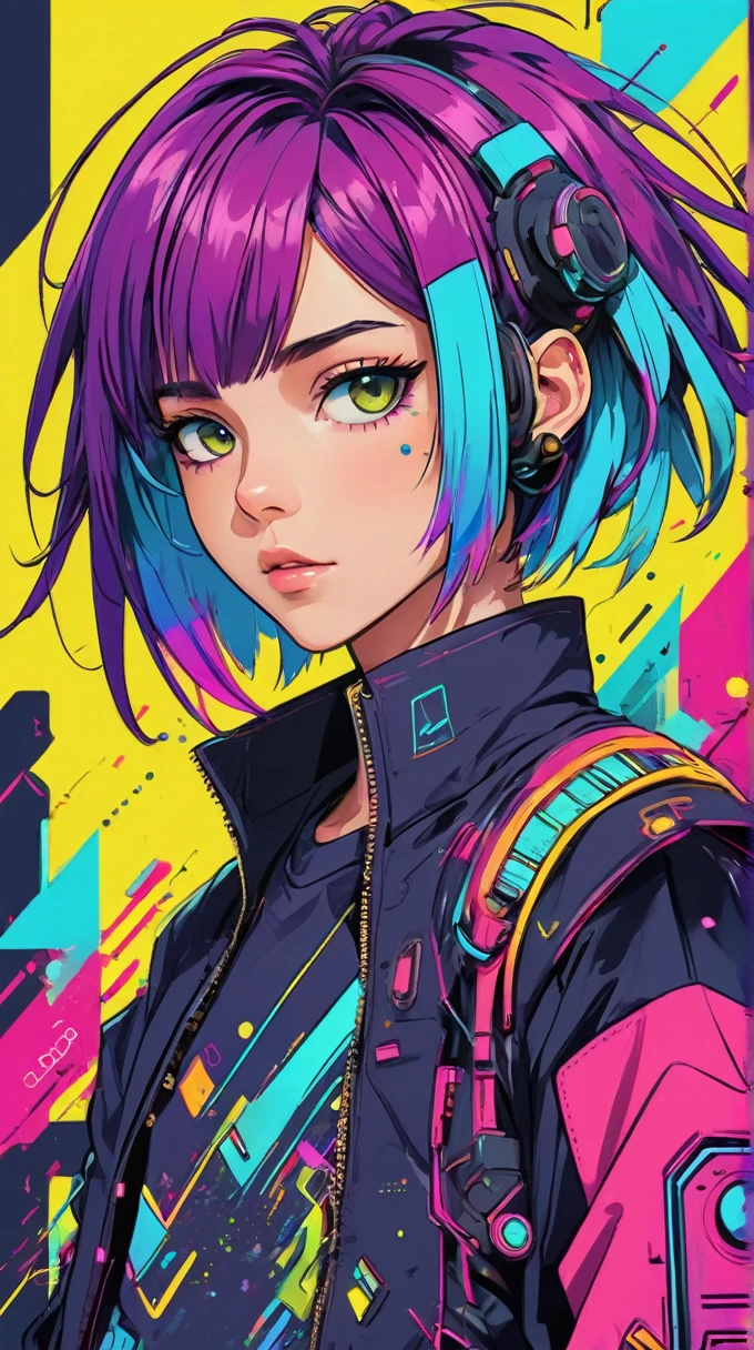 anime, boy, cute, cyber punk, colorful, ink paint Line art, Vector art, Bold line, Glitch Art, Flat Color, Key Visual, Vibrant, Drafting, Line art, Minimalist, masterpiece,Bob Hair