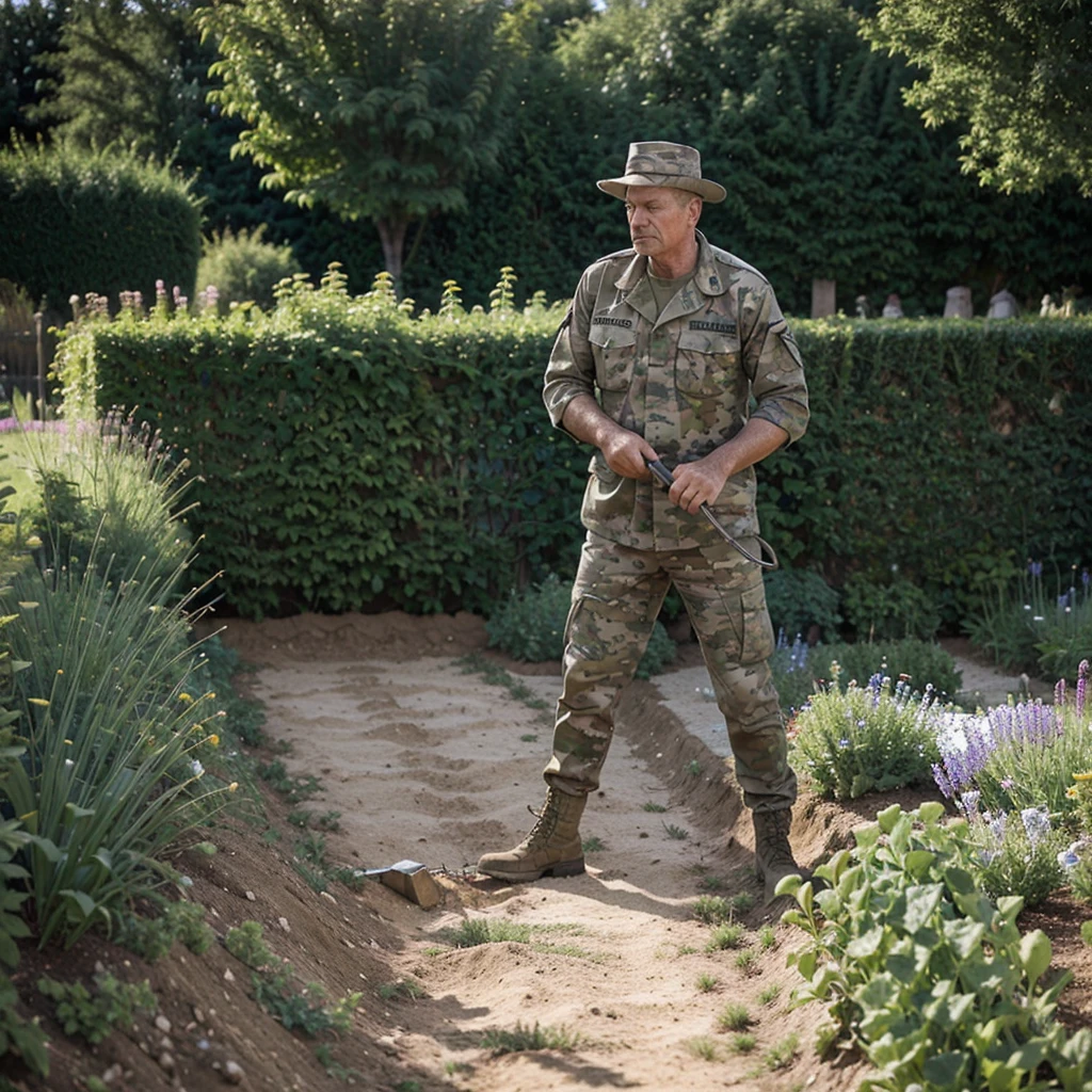 image of a man in his garden placing barbed wire in a trench, 56 year old man dressed in military camouflage, detailed, 16k, ultra detailed