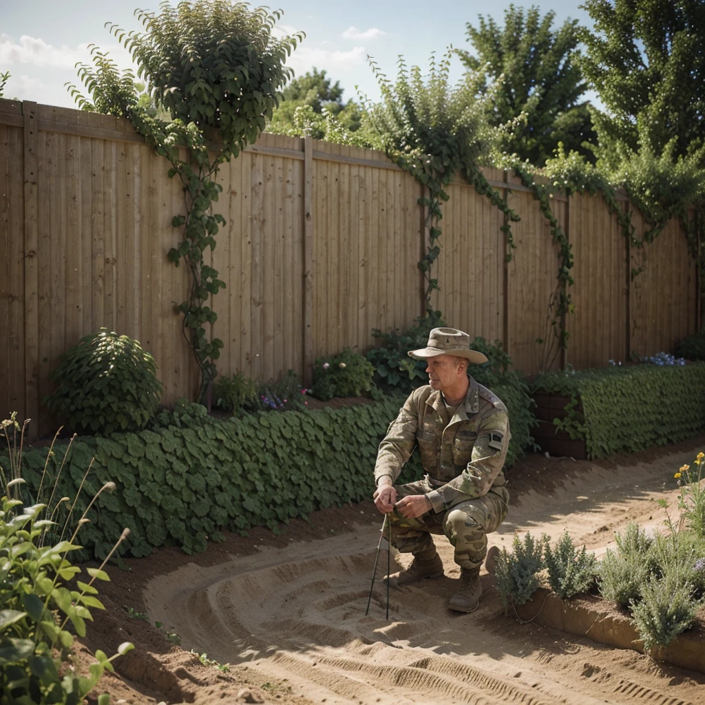image of a man in his garden placing barbed wire in a trench, 56 year old man dressed in military camouflage, detailed, 16k, ultra detailed