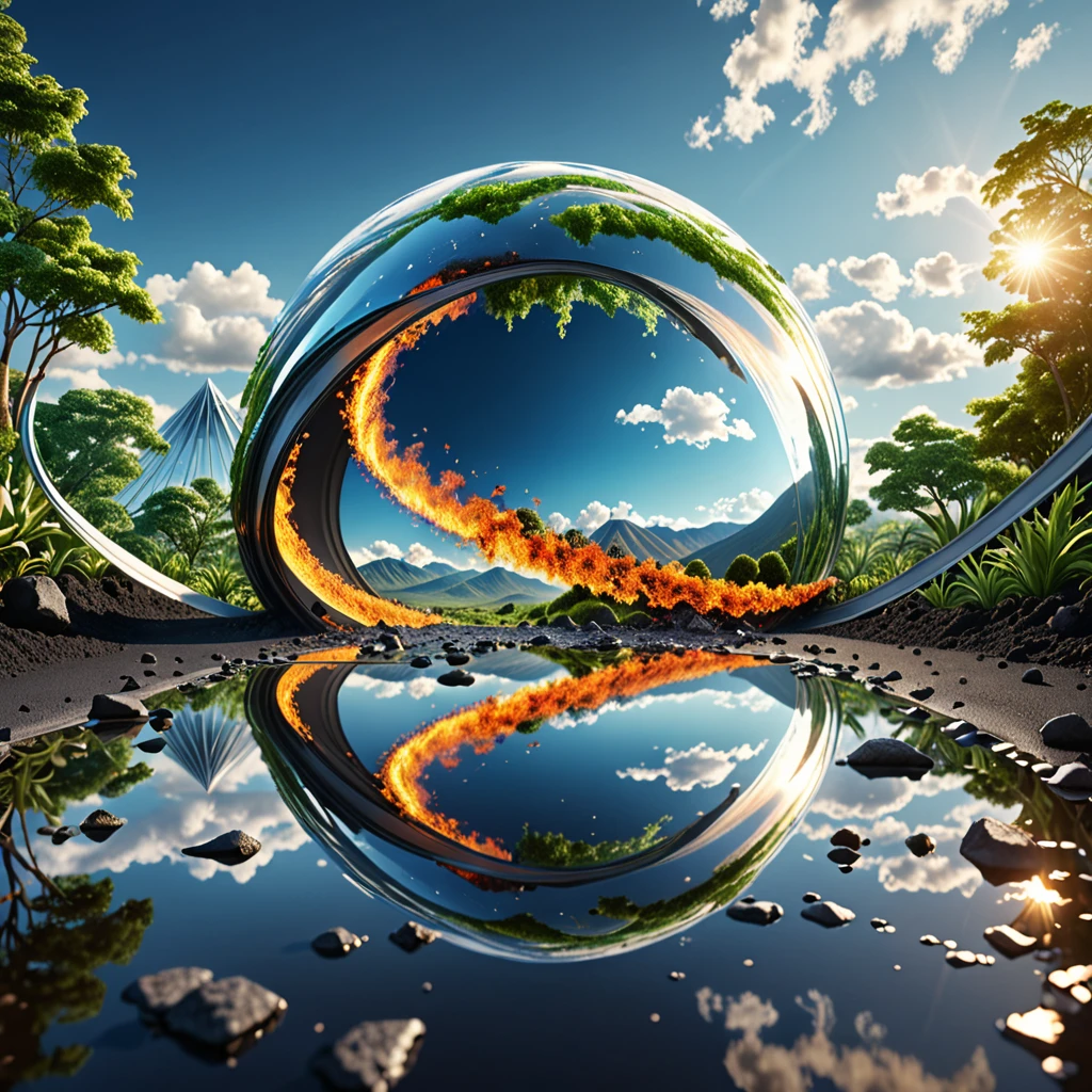 Photo hyperdetailed 3d realistic , with lush nature, wide Mobius ribbon built from film clichés and burning highway. The cliché is on fire. Mobius ribbon emerges from the volcano. Add a city on the mobius ribbon made of glass and stone. Create a greenhouse effect . Add cinematic hyperrealism to 3d objects. Integrate the ribbon with the earth and the sky. Turn water upside down. Add fire on the ground. Mirror the reflection. Illusion. Paint fragments of the evolution and transformation of the world on film. Dynamic photo. Evolution from prehistory. Create Macro details. Spectacular.