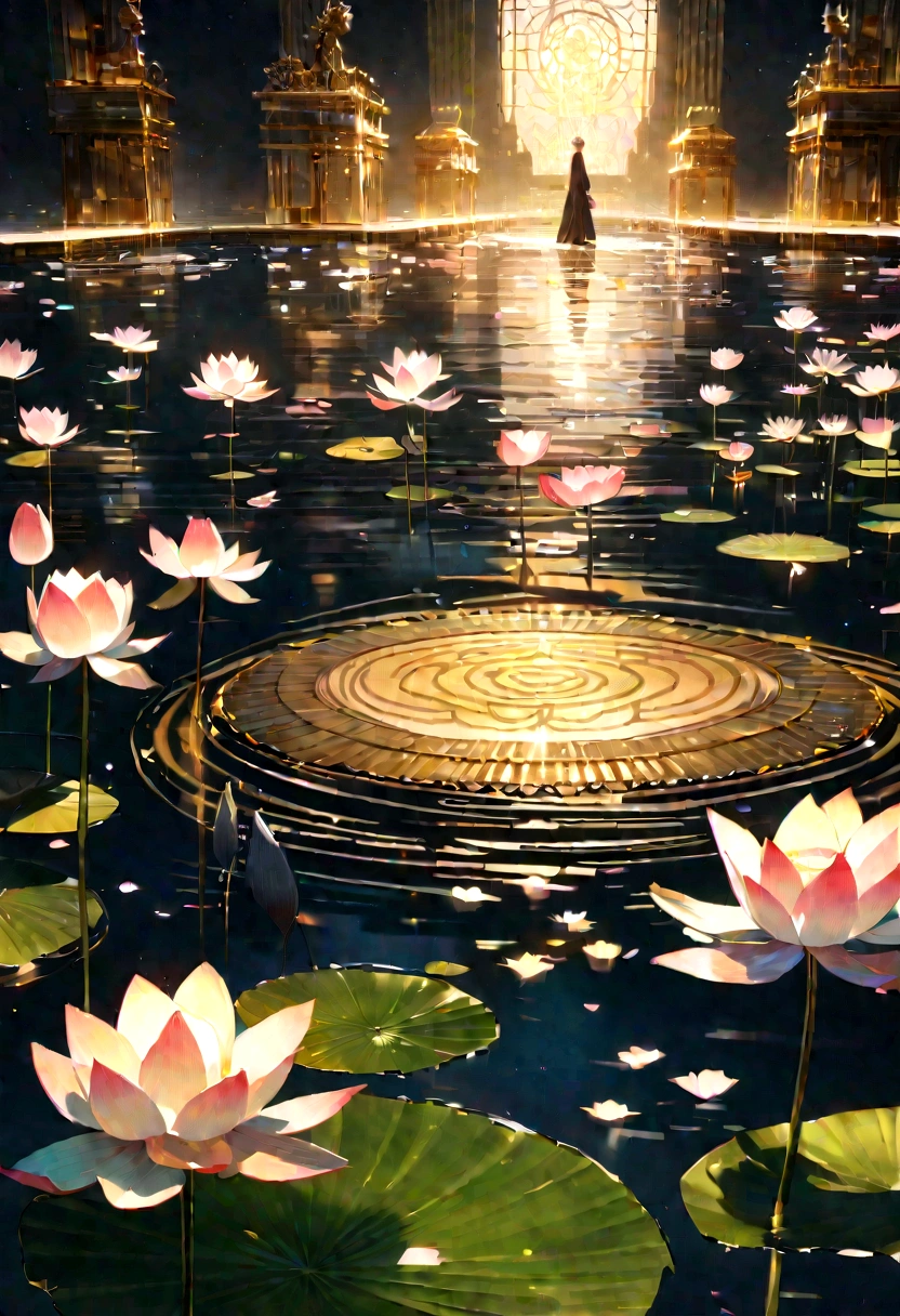 lotus flower, Green stem, Silt comes out of the water, gold light, The light of the Buddha shines, UHD, retina, masterpiece, ccurate, super detail, high details, high quality, highres, 16k