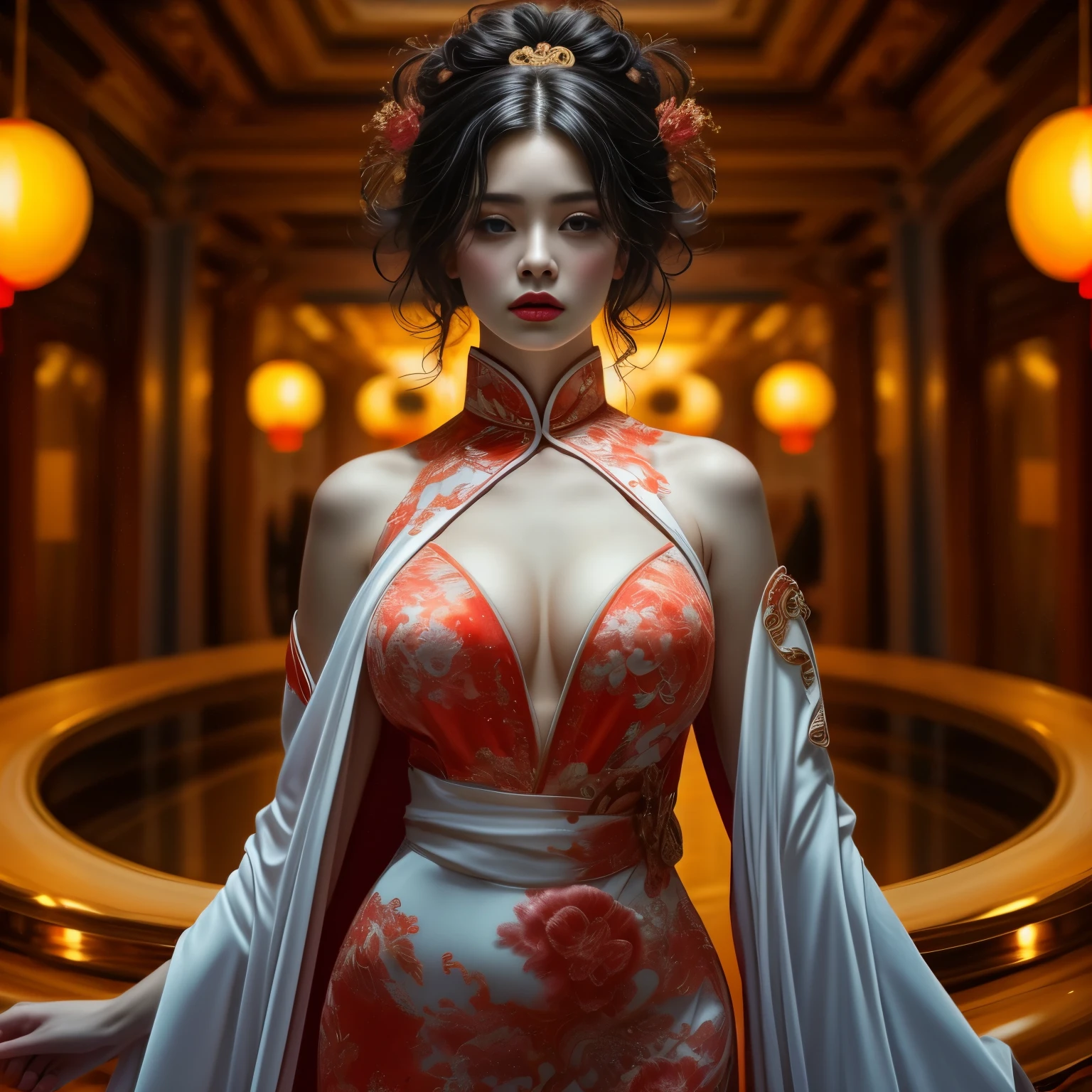 Kung Fu Master_One incredibly beautiful young woman with an incredibly beautiful figure、(Aiming the M4A1 assault rifle at the viewer:1.4)、Large Breasts、Tight waist、Big eyes、Short pink hair、Long limbs、Glowing Skin、Wearing a colorful, detailed, form-fitting Chinese dress、At the Casino、Facing the viewer、Very detailed、Photorealistic、Cinematic lighting、Dramatic composition、Bright colors、Desaturate the background、Super detailed、8K、masterpiece