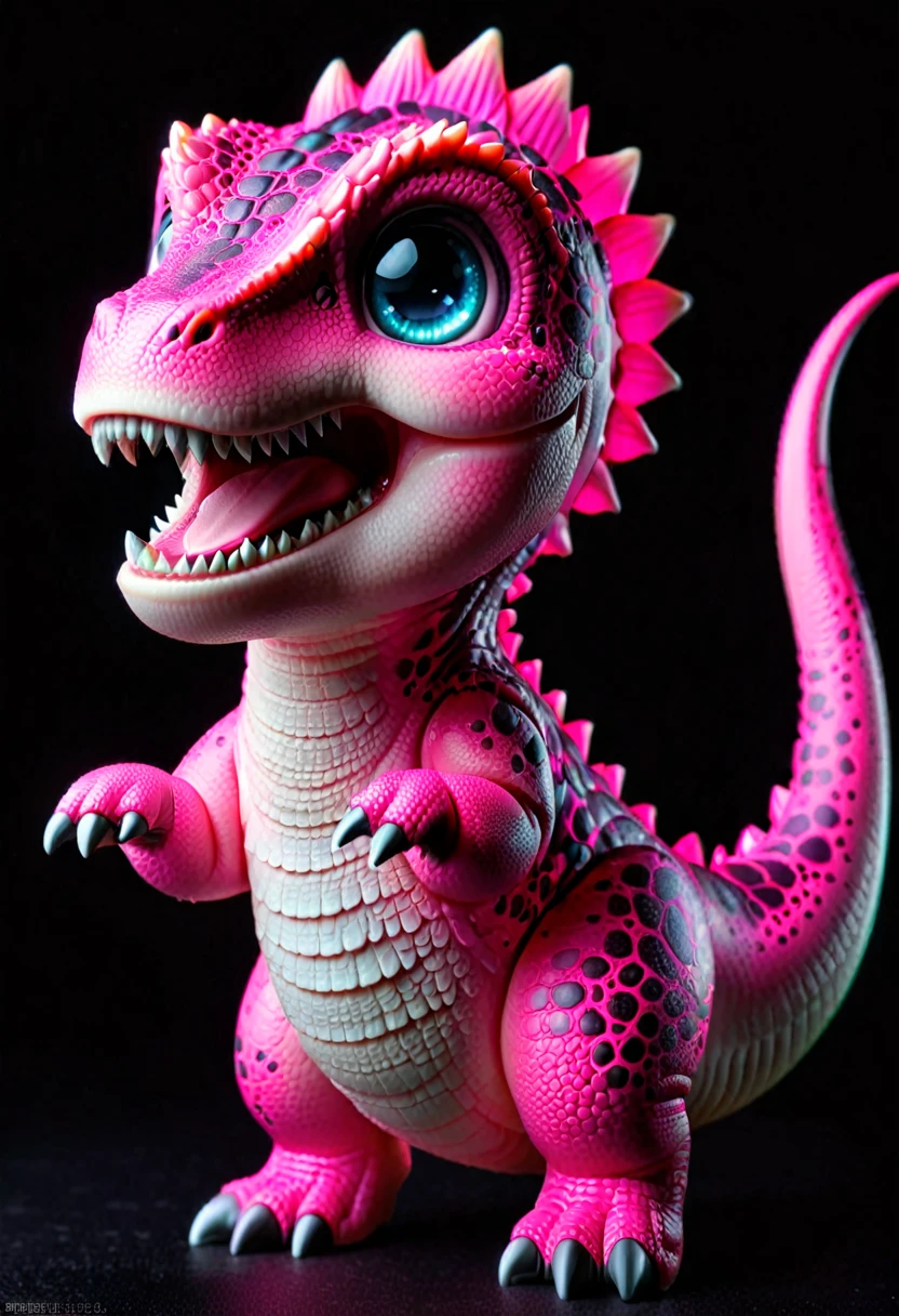 Highest quality、masterpiece、darkness、Black Background、Surreal Posters、Long Shot、Ultra-realistic、A realistic dinosaur that glows pink、Pink T-shirt.Rex、Angry、Bright eyes、Pink Dinosaur、Smiling dinosaur、Fluorescent pink、darknessに浮かぶPink Dinosaur、