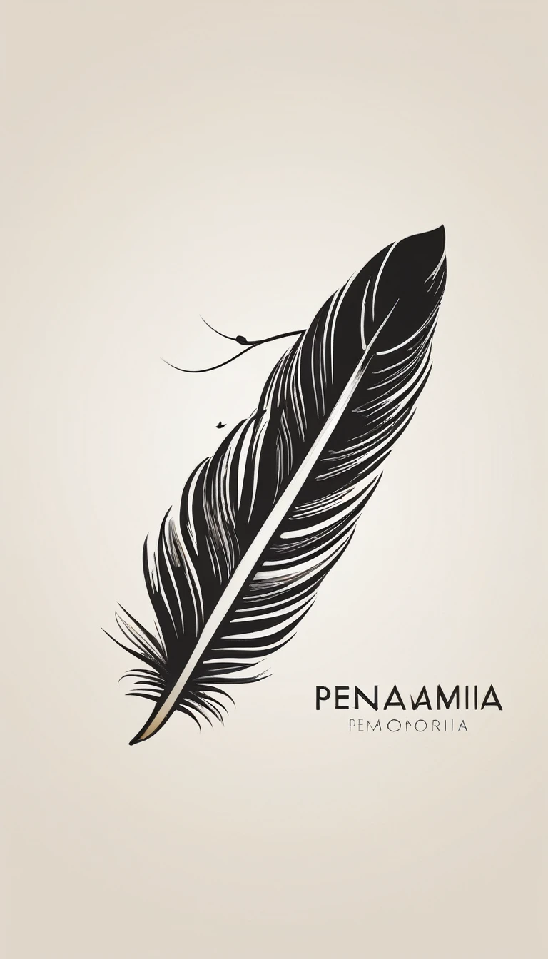 A minimalist, fantastic, poetic, unique, dreamy, captivating, memorable, masterpiece, modern, simple logo design of a feather for the brand “Penamemoria". The logo must convey a sense of music, stories and dreams. Minimalistic logo design of a feather of memories and storytelling