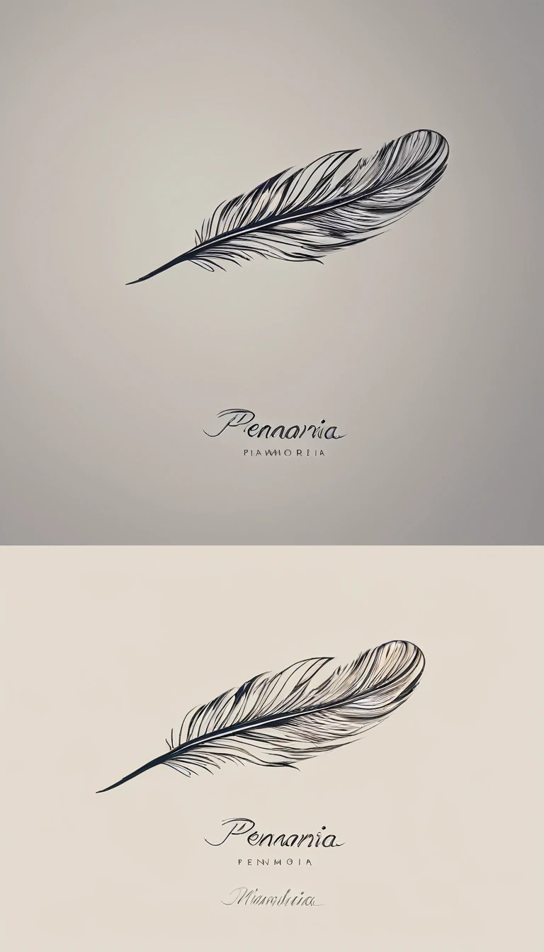 A minimalist, fantastic, poetic, unique, dreamy, captivating, memorable, masterpiece, modern, simple logo design of a feather for the brand “Penamemoria". The logo must convey a sense of music, stories and dreams. Minimalistic logo design of a feather of memories and storytelling