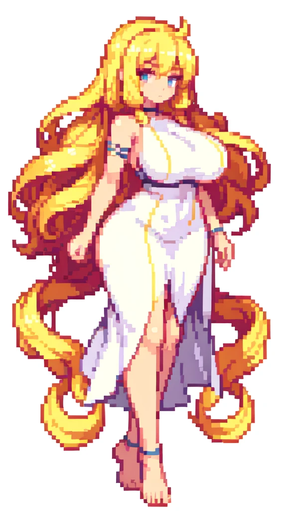 gigantic woman,tall woman,big woman,very muscle,{{long legs}},devil,barefoot,{{muscular}},{{gigantic breasts}} ,{{curvy}} , ,masterpiece , best quality , pixel art , 1 girl ,{full body},voluptuous,brown skin,twintails,blonde hair ,white dress,white background