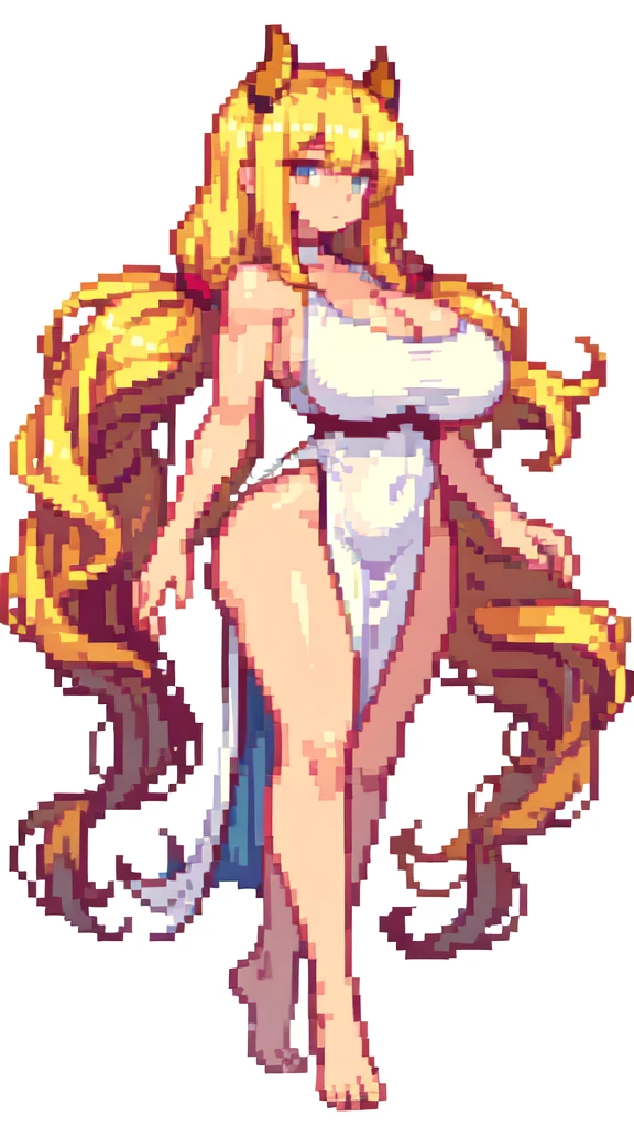 gigantic woman,tall woman,big woman,very muscle,{{long legs}},devil,barefoot,{{muscular}},{{gigantic breasts}} ,{{curvy}} , ,masterpiece , best quality , pixel art , 1 girl ,{full body},voluptuous,brown skin,twintails,blonde hair ,white dress,white background