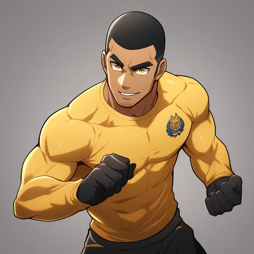 anime characters:Gyee, Young Muscle Sports Teacher, negro black skin, Buzz Cut, Manliness, male focus, Dark yellow long sleeve tight T-shirt, Slightly transparent texture, Very tight, Slightly transparent, muscular male, muscular, only, Upper body, alone, Black short hair, Thick eyebrows, stubble, Yellow eyes, Grey background, simple background, amazing quality, best aesthetics, Ridiculous, bright pupils, crew cut, parted lips, seductive smile, torogao, naughty face, best quality