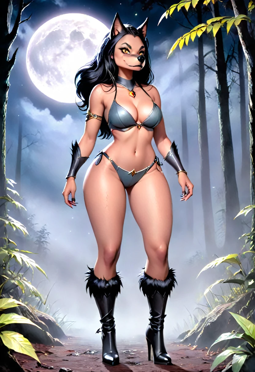 A beautiful busty Asian werewolf woman in a g string bikini and high heel boots, standing in a dark forest at night with a full moon and dark clouds, (best quality,4k,8k,highres,masterpiece:1.2),ultra-detailed,(realistic,photorealistic,photo-realistic:1.37),extremely detailed eyes and face,longeyelashes,beautiful detailed lips,beautiful detailed eyes,dark fantasy,dramatic lighting,moody atmosphere,glowing eyes,sharp claws,detailed fur texture,glowing moon,dramatic sky,dense foliage,fog,wet ground,vibrant colors