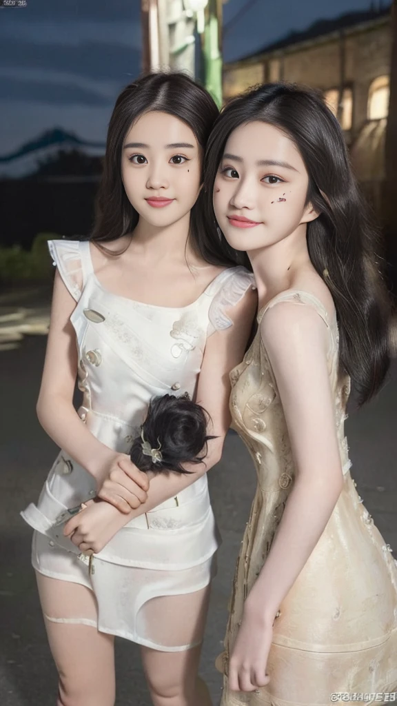 ((best quality, 8K, masterpiece: 1.3)), focus: 1.2, perfect body beautiful: 1.4, buttocks: 1.2, (layered hairstyle: 1.2), (dark street: 1.3), Highly detailed facial and skin textures, whole body, narrow eyes, double eyelids, skin whitens, long hair, (round face: 1.5), (Chestless dress: 1.6). Smile by the sea
