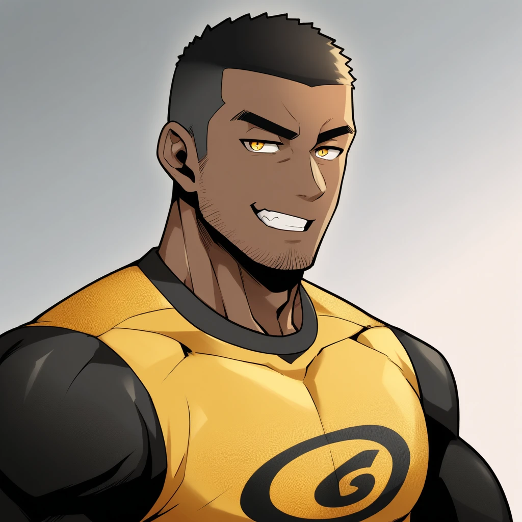 anime characters:Gyee, Young Muscle Sports Teacher, negro black skin, Buzz Cut, Manliness, male focus, Dark yellow long sleeve tight T-shirt, Slightly transparent texture, Very tight, Slightly transparent, muscular male, muscular, only, Upper body, alone, Black short hair, Thick eyebrows, stubble, Yellow eyes, Grey background, simple background, amazing quality, best aesthetics, Ridiculous, bright pupils, crew cut, parted lips, seductive smile, torogao, naughty face, best quality
