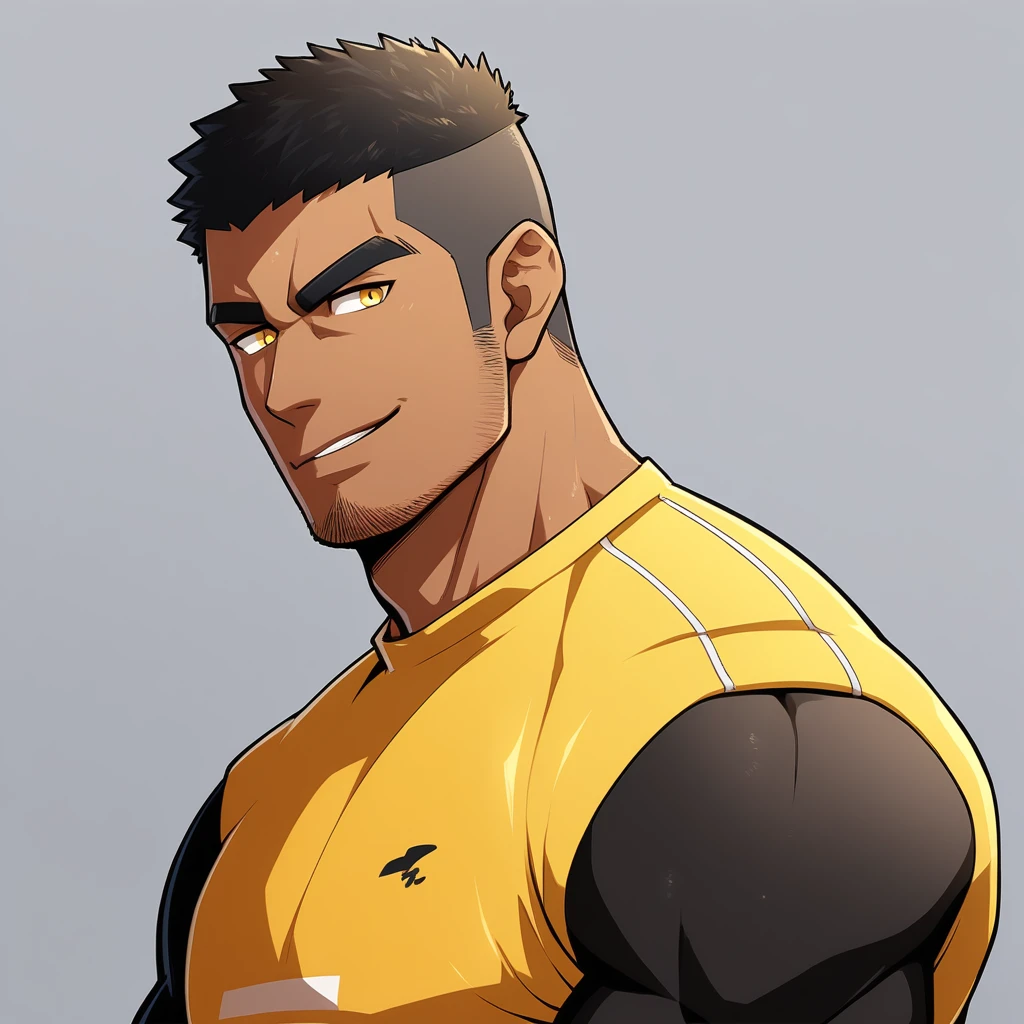 anime characters：Gyee, Young Muscle Sports Teacher, negro black skin, Buzz Cut, Manliness, male focus, Dark yellow long sleeve tight T-shirt, Slightly transparent texture, Very tight, Slightly transparent, muscular male, muscular, only, Upper body, alone, Black short hair, Thick eyebrows, stubble, Yellow eyes, Grey background, simple background, amazing quality, best aesthetics, Ridiculous, bright pupils, crew cut, parted lips, seductive smile, torogao, naughty face, best quality