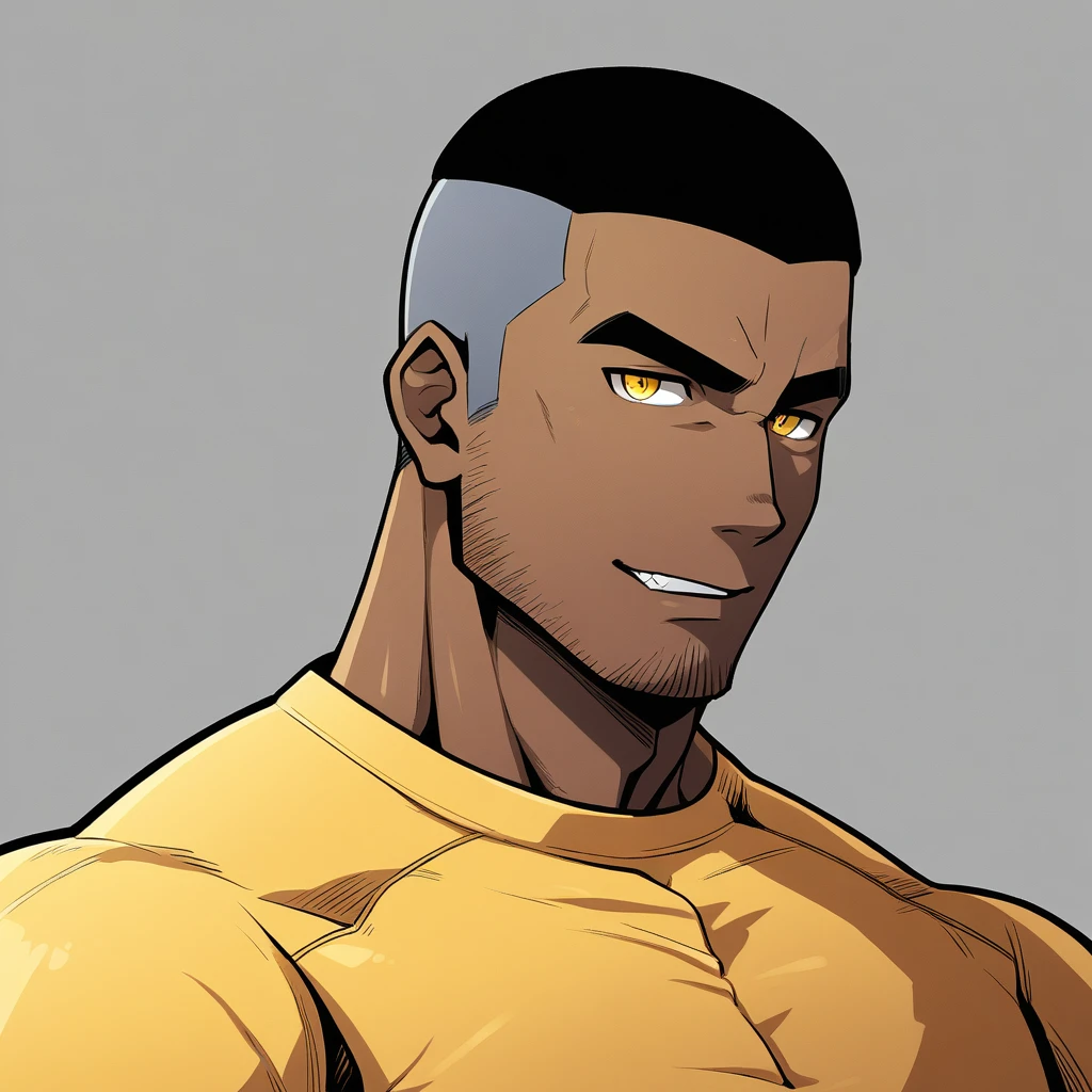 anime characters：Gyee, Young Muscle Sports Teacher, ????? black skin, Buzz Cut, Manliness, male focus, Dark yellow long sleeve tight T-shirt, Slightly transparent texture, Very tight, Slightly transparent, muscular male, muscular, only, Upper body, alone, Black short hair, Thick eyebrows, stubble, Yellow eyes, Grey background, simple background, amazing quality, best aesthetics, Ridiculous, bright pupils, crew cut, parted lips, seductive smile, torogao, naughty face, best quality