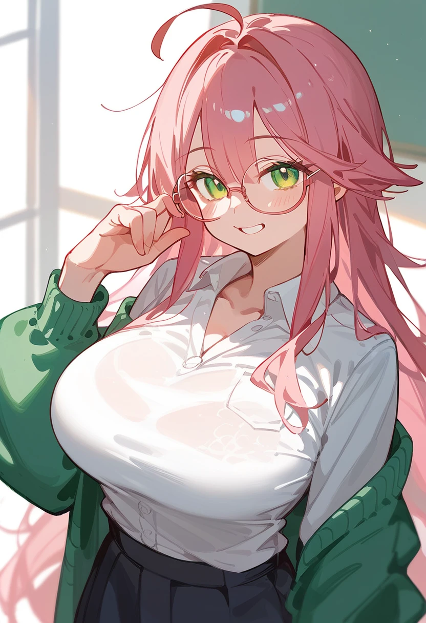 One Woman、private teacher、Big Breasts、Pink Hair、long hair、Ahoge、Kind older sister、Pink Glasses、Green Eyes、Smile、naked、Light pink nipples、Bedroom、On the bed、Droopy eyes、Shaved、First time sex、Cowgirl