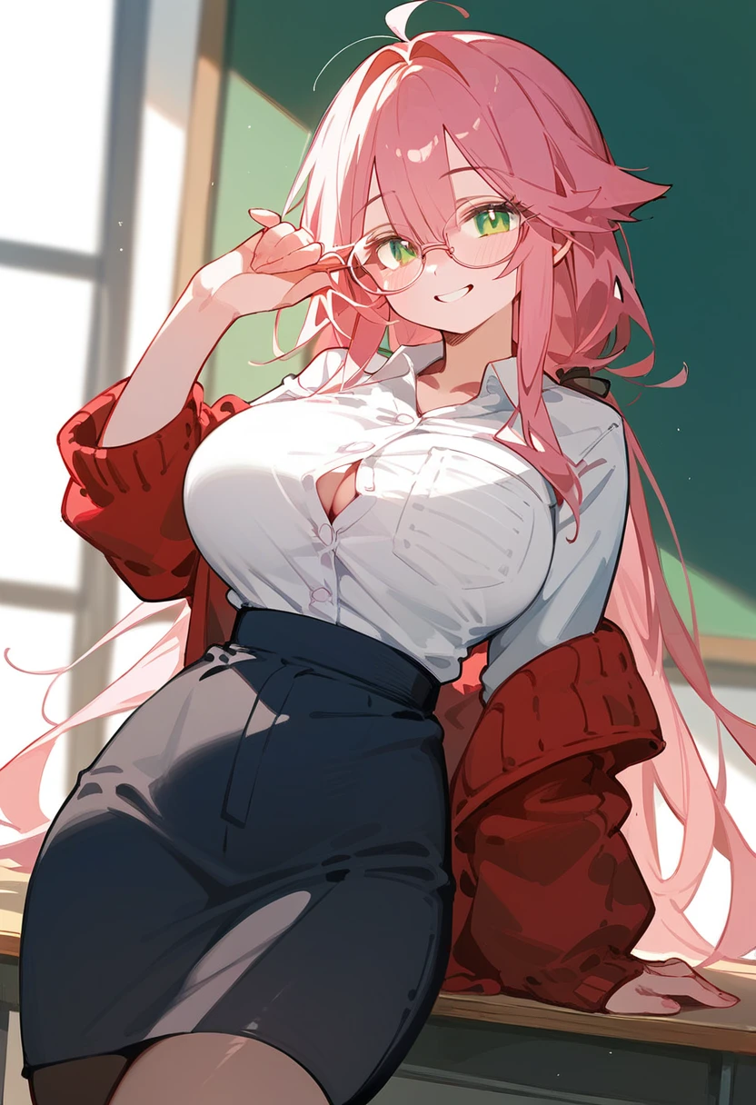 One Woman、private teacher、Big Breasts、Pink Hair、Long Hair、Ahoge、Kind older sister、Pink small glasses、Green Eyes、smile、Small eyes、Droopy eyeature